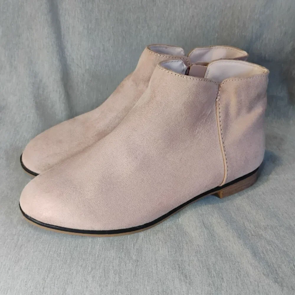 Cat & Jack Pink Suede Ankle Booties Girls Size 3 Side Zipper Low Heel Flat Shoes